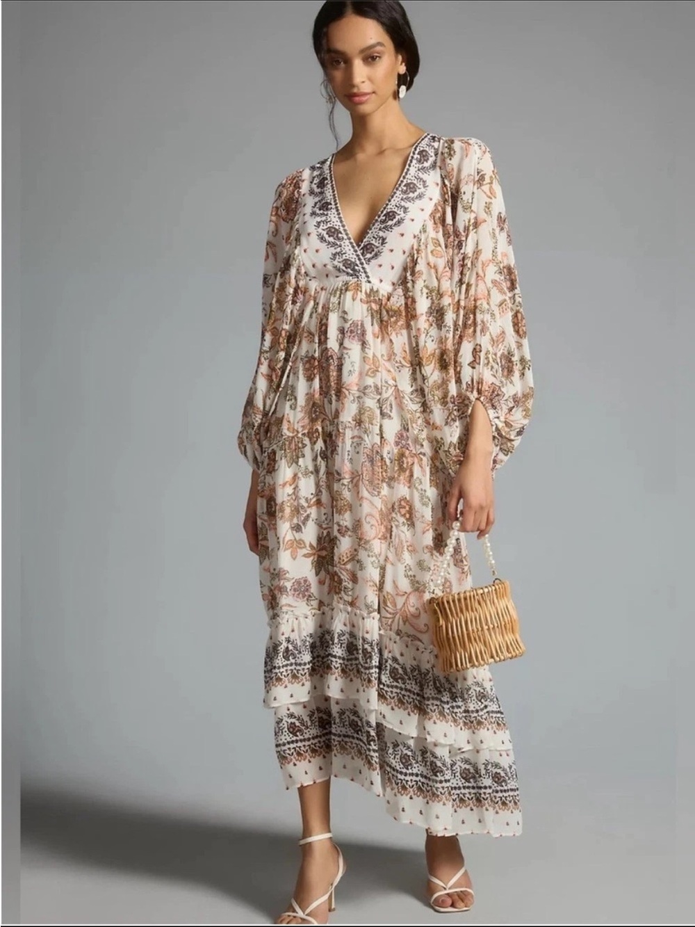 Anthropologie Floral Boho Maxi Dress Size M | Tiered Long Sleeve Peasant Dress